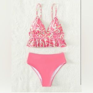 MakeMeChic Women's 2 Piece Floral Ruffle Trim High Waisted Bikini Size Medium